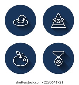Set line Witch hat, All-seeing eye of God, Poison apple and Medallion chain with with long shadow. Blue circle button. Vector