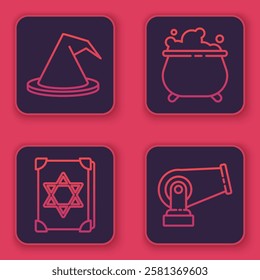 Set line Witch hat, Ancient magic book, Witch cauldron and Cannon. Blue square button. Vector