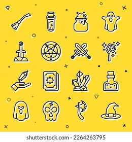 Set line Witch hat, Bottle with potion, Magic staff, cauldron, Pentagram in circle, Sword the stone, Witches broom and Crossed medieval sword icon. Vector