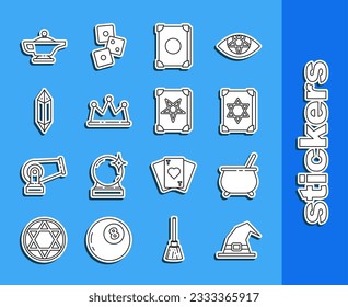 Set line Witch hat, cauldron, Ancient magic book, Crown, Magic stone, lamp or Aladdin and  icon. Vector