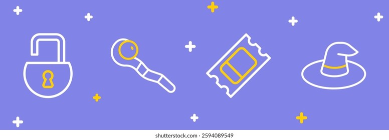 Set line Witch hat, Circus ticket, Magic staff and Open padlock icon. Vector