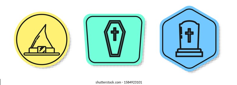 Set line Witch hat , Coffin with christian cross  and Tombstone with cross . Colored shapes. Vector