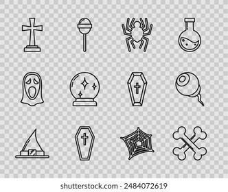 Sombrero de bruja, huesos cruzados, araña, ataúd con cruz cristiana, lápida, bola mágica, Web e ícono de ojos. Vector