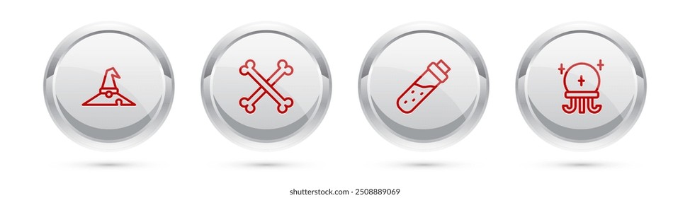 Set line Sombrero de bruja, Huesos humanos cruzados, Botella con poción y Bola mágica. Botón de círculo plateado. Vector