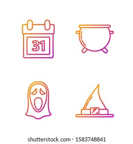 Set line Witch hat , Funny and scary ghost mask for Halloween , Calendar with Halloween date 31 october  and Halloween witch cauldron . Gradient color icons. Vector
