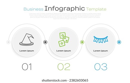 Set line Witch hat, Game dice and Carnival garland with flags. Business infographic template. Vector