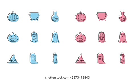 Set line Witch hat, Ghost, Pumpkin, Bottle with potion, Funny and scary ghost mask for Halloween,  and witch cauldron icon. Vector