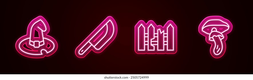 Set line Witch hat, Knife, Garden fence wooden and Psilocybin mushroom. Glowing neon icon. Vector