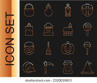 Set line Witch hat, Lollipop, Camping lantern, Tombstone with RIP written, Burning candle, Halloween witch cauldron and Castle icon. Vector