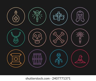 Set line Witch hat, Magic wand, Christian cross, Skull, Necklace amulet, Bottle with potion, Crossed human bones and staff icon. Vector svg