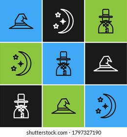 Set line Witch hat, Magician and Moon and stars icon. Vector