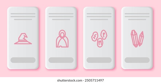 Set line Witch hat, Mantle, cloak, cape, Magic runes and stone. White rectangle button. Vector