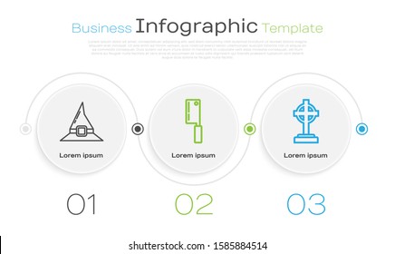 Set line Witch hat , Meat chopper  and Tombstone with cross . Business infographic template. Vector