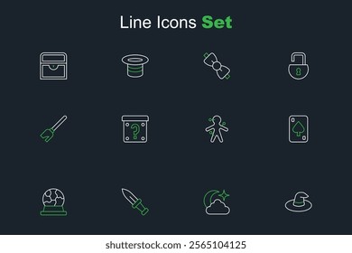 Set line Witch hat, Moon and stars, Dagger, Magic ball, Playing cards, Voodoo doll, Mystery box and Witches broom icon. Vector