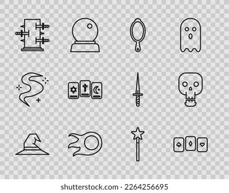 Set line Witch hat, Playing cards, Magic hand mirror, Fireball, Trunk for magic tricks, Three tarot, wand and Skull icon. Vector