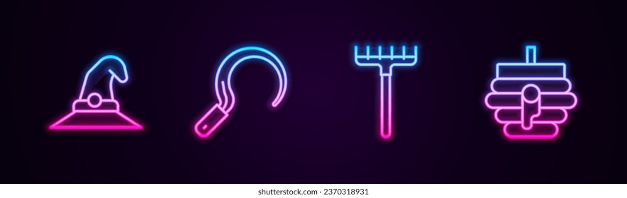 Set line Witch hat, Sickle, Garden rake and Hive for bees. Glowing neon icon. Vector