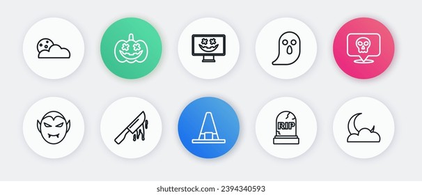 Fijar línea sombrero de bruja, cráneo, vampiro, lápida con QEPD escrito, fantasma, feliz festividad de Halloween, luna y estrellas e ícono de cuchillo sangriento. Vector