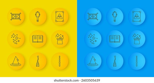 Set line Witch hat, Sparkle stars with magic, Ancient book, Magic wand, carpet,  and hand mirror icon. Vector