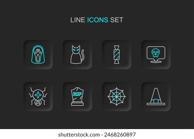 Set line Witch hat, Spider web, Tombstone with RIP written, Skull, Candy, Black cat and Funny scary ghost mask icon. Vector
