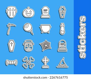 Fijar la línea Sombrero de bruja, Lápida con RIP, Poción de botella, Ojo, Esquila, Máscara de hockey e icono del caldero de brujas de Halloween. Vector