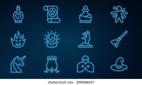 Fijar línea sombrero de bruja, escoba de brujas, botella con poción, bola mágica, llama de fuego, amor, mano zombie e icono de desplazamiento. Vector