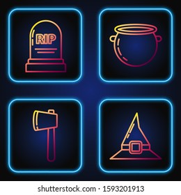 Set line Witch hat , Wooden axe , Tombstone with RIP and Halloween witch cauldron . Gradient color icons. Vector