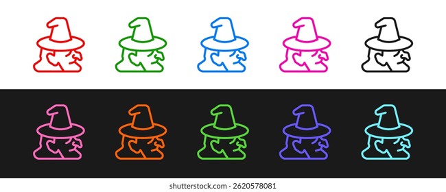 Set line Witch icon isolated on black and white background. Happy Halloween party.  Vector