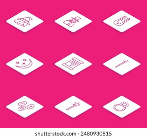 Set line Witch, Magician, Rabbit with ears, Moon and stars, Decree, paper, parchment, scroll, wand, runes and  icon. Vector