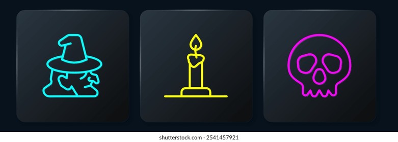 Set line Witch, Skull and Burning candle in candlestick. Black square button. Vector