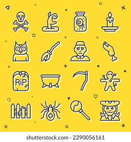 Set line Witch, Voodoo doll, Zombie finger, Eye a jar, Witches broom, Owl bird, Skull on crossbones and Priest icon. Vector