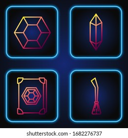 Colocar escoba de brujas, libro de magia antiguo, piedra mágica y piedra mágica. Iconos de color degradado. Vector