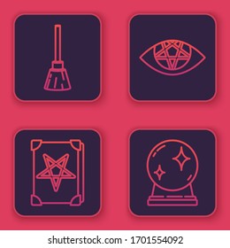 Set line Witches broom, Ancient magic book, Pentagram and Magic ball. Blue square button. Vector