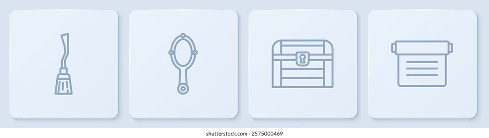 Set line Witches broom, Antique treasure chest, Magic hand mirror and Ancient magic book. White square button. Vector