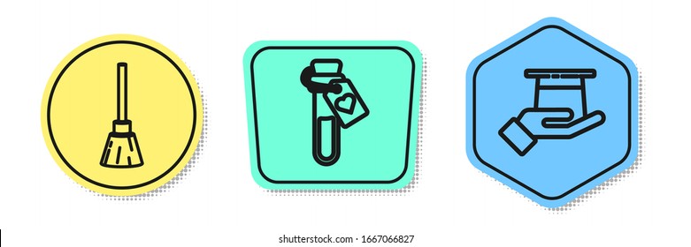 Set line Witches broom, Bottle with love potion and Magician hat in hand. Colored shapes. Vector