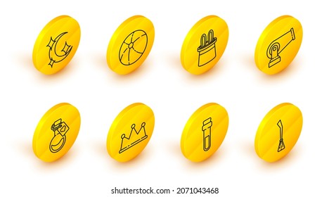 Set line Witches broom, Bottle with love potion, Crown, Cannon, Magician hat and rabbit ears, Beach ball and Moon stars icon. Vector