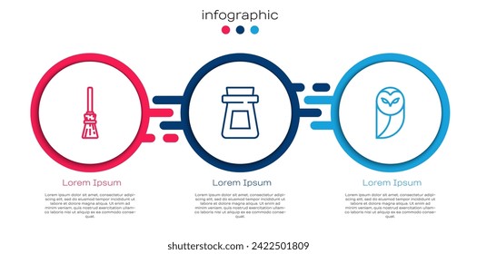 Set line Witches broom, Bottle with potion and Owl. Business infographic template. Vector