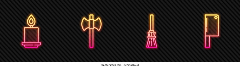 Set Linie Hexen Besen, Brennende Kerze, hölzerner Axt und Fleischhaube. Leuchtendes Neonsymbol. Vektorgrafik