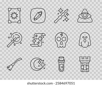 Set line Witches broom, Castle tower, Magic wand, Moon stars, Ancient magic book, scroll, Bottle with potion and Ghost icon. Vector