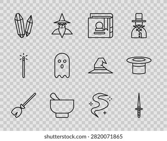 Set line Witches broom, Dagger, Ancient magic book, Magic mortar and pestle, stone, Ghost, fog smoke and Magician hat icon. Vector