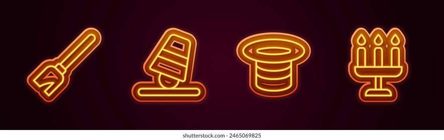 Set line Witches broom, Game thimbles, Magic hat and Candlestick. Glowing neon icon. Vector