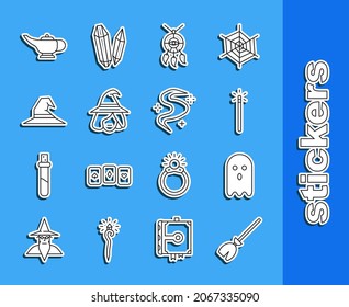 Set Line Witches Broom, Ghost, Magic Wand, Dream Catcher With Feathers, Hat, Lamp Or Aladdin And Fog Smoke Icon. Vector