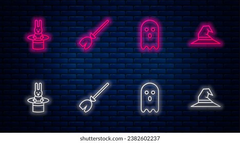 Set line Witches broom, Ghost, Magician hat and rabbit and . Glowing neon icon on brick wall. Vector
