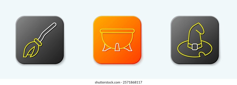 Set line Witches broom, Halloween witch cauldron and hat icon. Vector