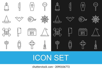 Set line Witches broom, hat, Spider web, Coffin with cross, Flying bat, Burning candle and Eye icon. Vector