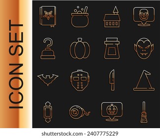 Set line Witches broom, hat, Vampire, Castle, Pumpkin, Pirate hook, Ancient magic book and Bottle with potion icon. Vector