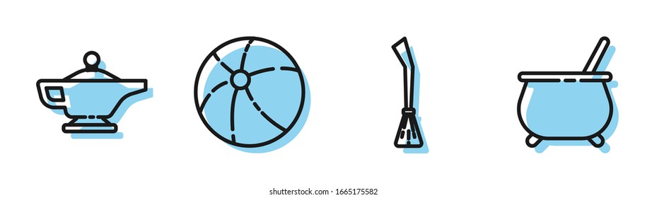 Set line Witches broom, Magic lamp or Aladdin, Beach ball and Witch cauldron icon. Vector