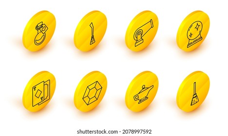 Set line Hexen Besen, Magic Lampe oder Aladdin, Stein, Spielkarten, Ball, Cannon und Flasche mit Liebe Tränke Symbol. Vektorgrafik