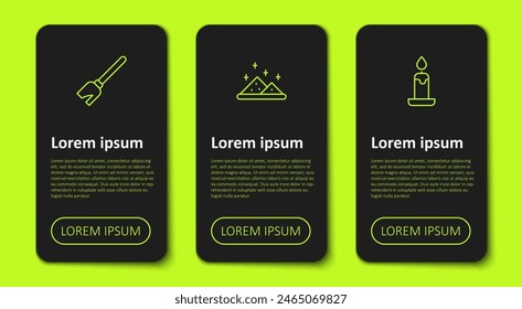 Set line Witches broom, Magic powder and Burning candle. Business infographic template. Vector