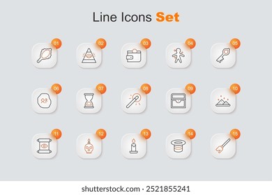 Set line Witches broom, Magic hat, Burning candle, on skull, scroll, powder, Antique treasure chest and wand icon. Vector