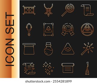 Set line Witches broom, Magic wand, Masons, Ancient magic book, hand mirror, carpet and ball icon. Vector